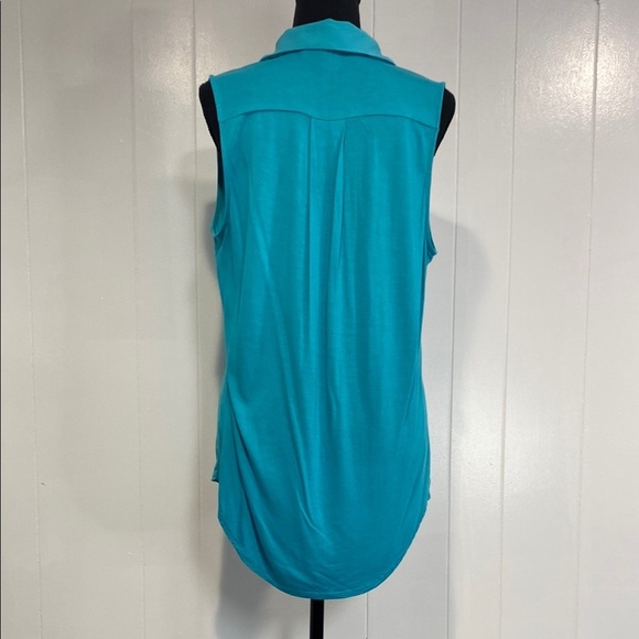 LOFT Blouse V-Neck Sleeveless Mixed Media Turquoise Blue Green Size Large - Picture 8 of 9